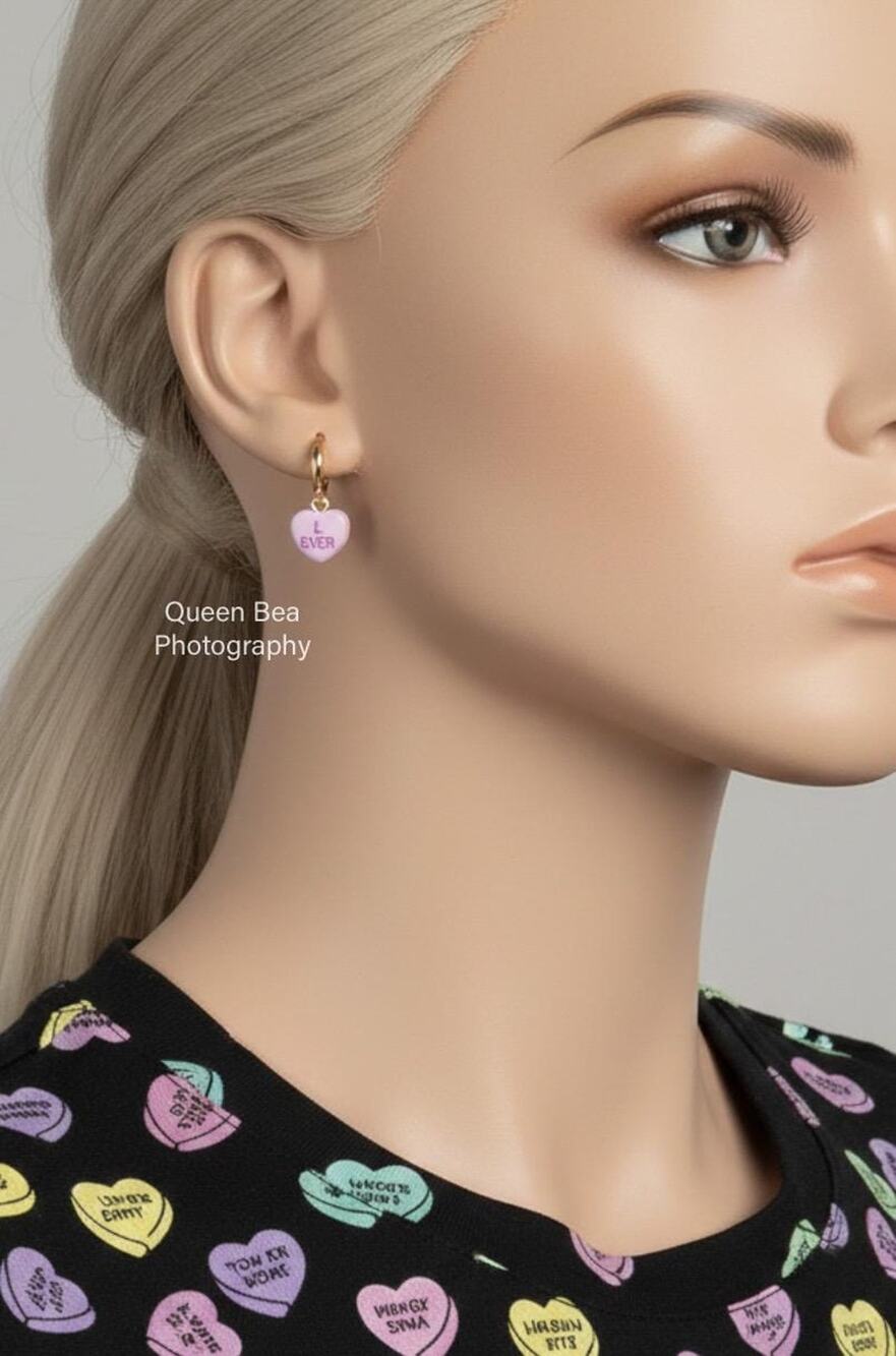 Betsey Johnson Conversation Pink Hearts Candy Huggie Dangle Earrings NWT vtg